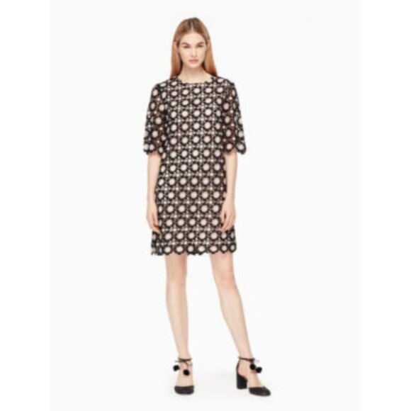 Kate Spade Shift Dress‎ 0 Daisy Crochet Lace Floral Black 3/4 Sleeves Wedding - Picture 2 of 16
